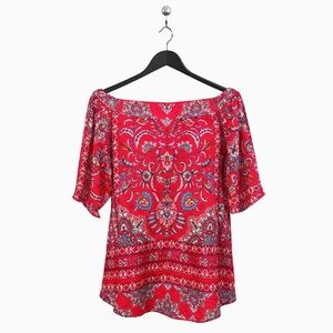 Renee C - Red Boho Print Off-Shoulder Blouse – Vibrant Peasant Top, Size Medium
